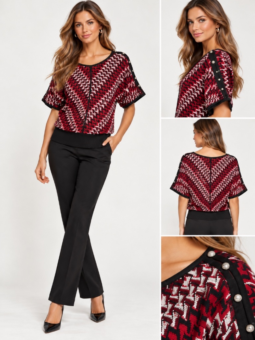 White House Black Market Red Black Chevron Knit Batwing Sweater Top Size S